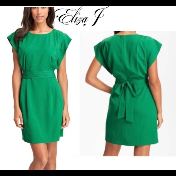 Eliza J Green Drape Sleeve Pleated Missy Sheath Waist Dress Size 4 - Picture 1 of 16